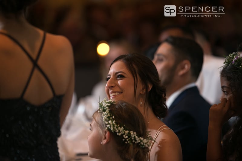bride reacting to maid of honor reception speech
