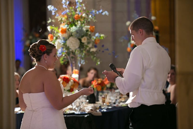  bride and groom give speech at wedding reception at old courthouse