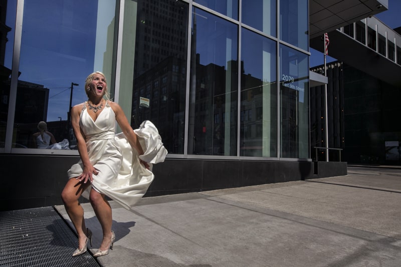 fun wedding picture in downtown cleveland