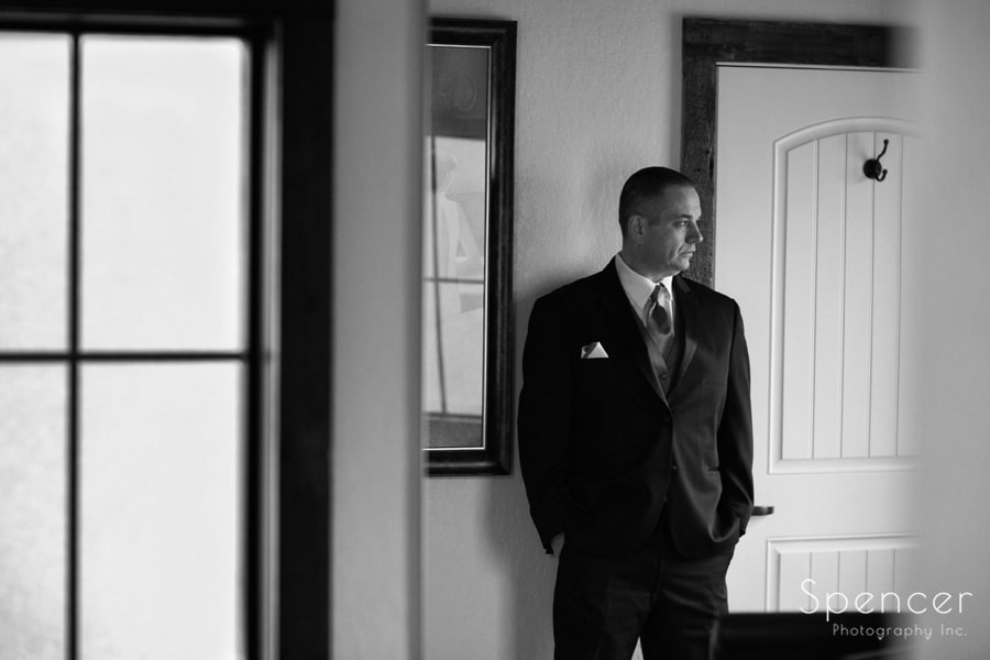 black and white wedding picture of groom at Gervasi