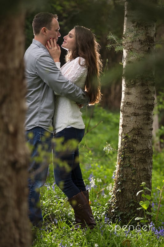 couple between trees in Wade Oval Park engagement picture