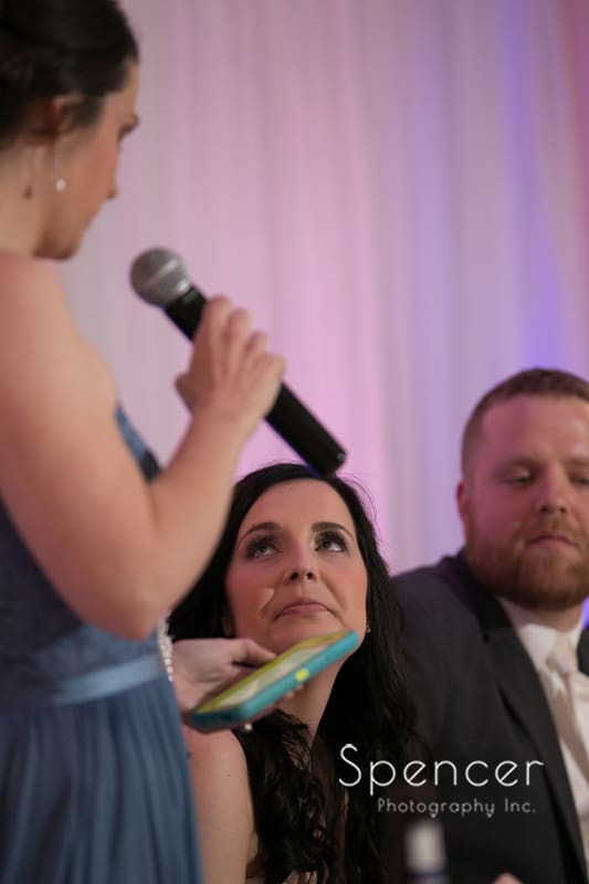 bride reacting to maid of honor speech