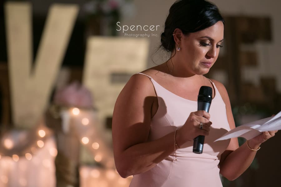  maid of honor speaks at wedding reception at Antonelli Event Center