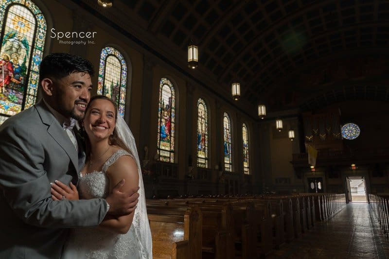 wedding day picture of bride and groom at church in Cleveland