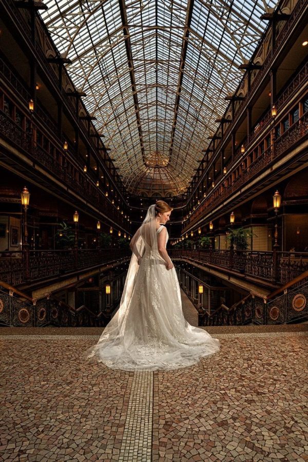 beautiful wedding picture of bride in Cleveland Arcade