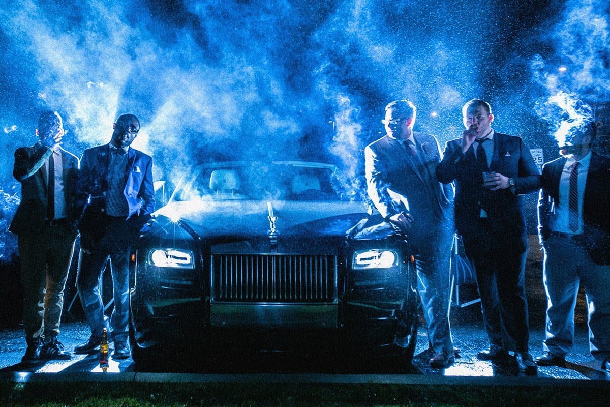 groomsmen with rolls royce at Cleveland museum of art