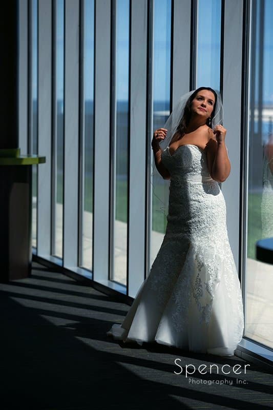 creative wedding picture of bride at downtown Cleveland Aloft hotel