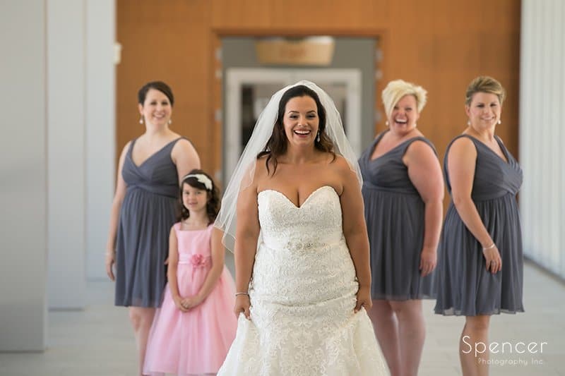 wedding picture of bridesmaid at downtown Cleveland Aloft hotel