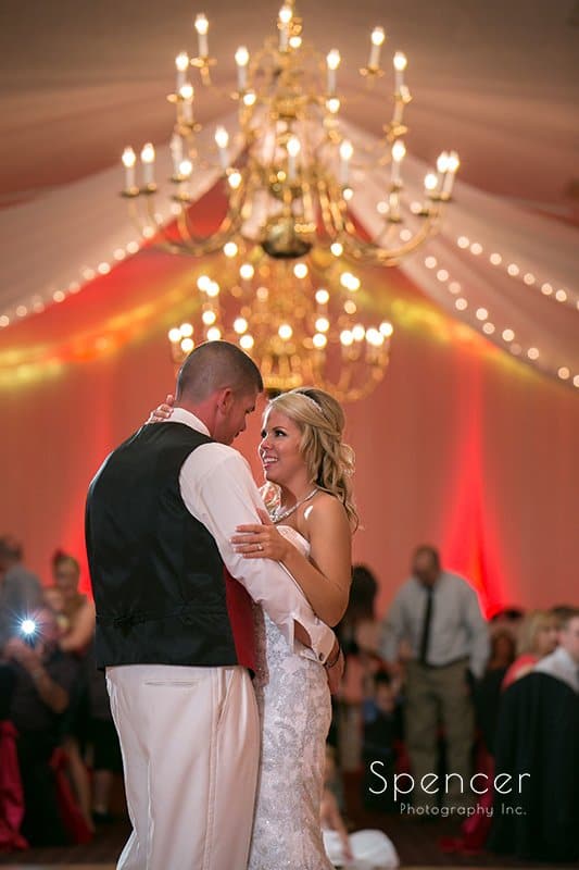 bride and groom during first dance at wedding reception at Michaud's Strongsville