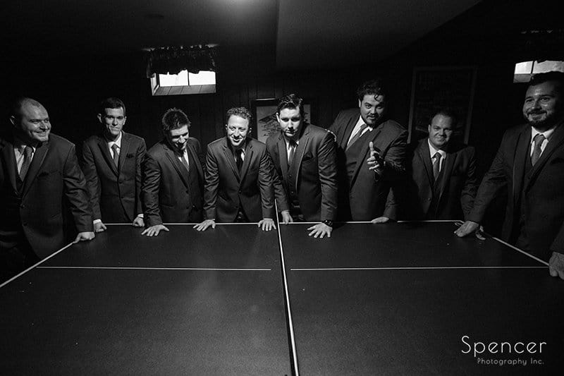 black and white wedding picture of groomsmen
