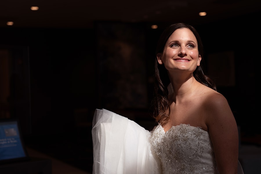 wedding picture of bride in lobby of Hyatt Place Cleveland