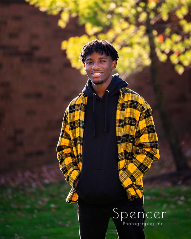 fall picture of beachwood high senior in checkered jacket