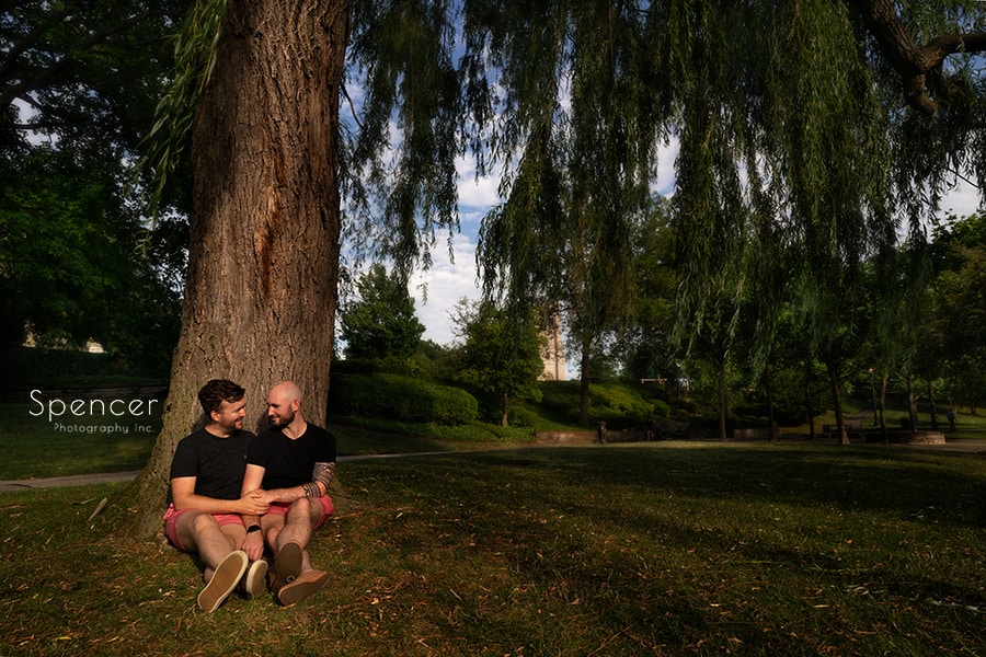 same sex couple engagement pic at Wade Oval Park
