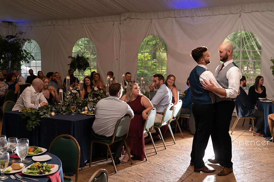 grooms first dance at same sex wedding reception at Stan Hywet