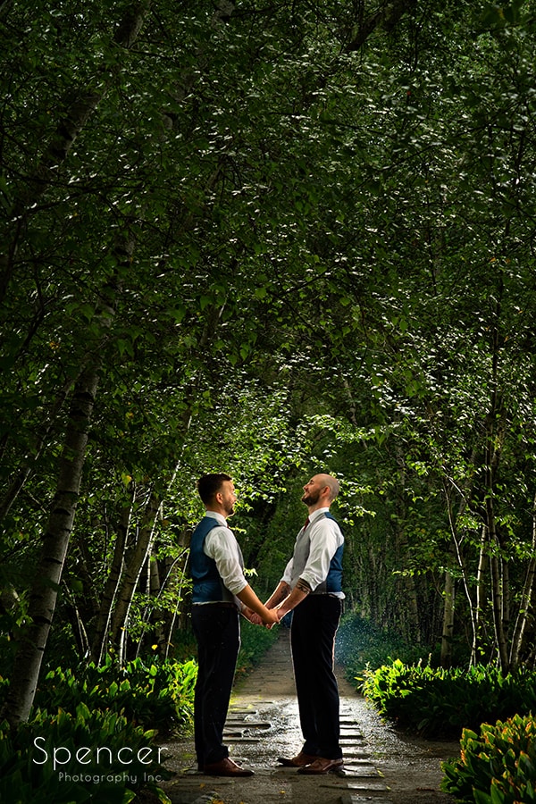 same sex couple after their wedding at Stan Hywet