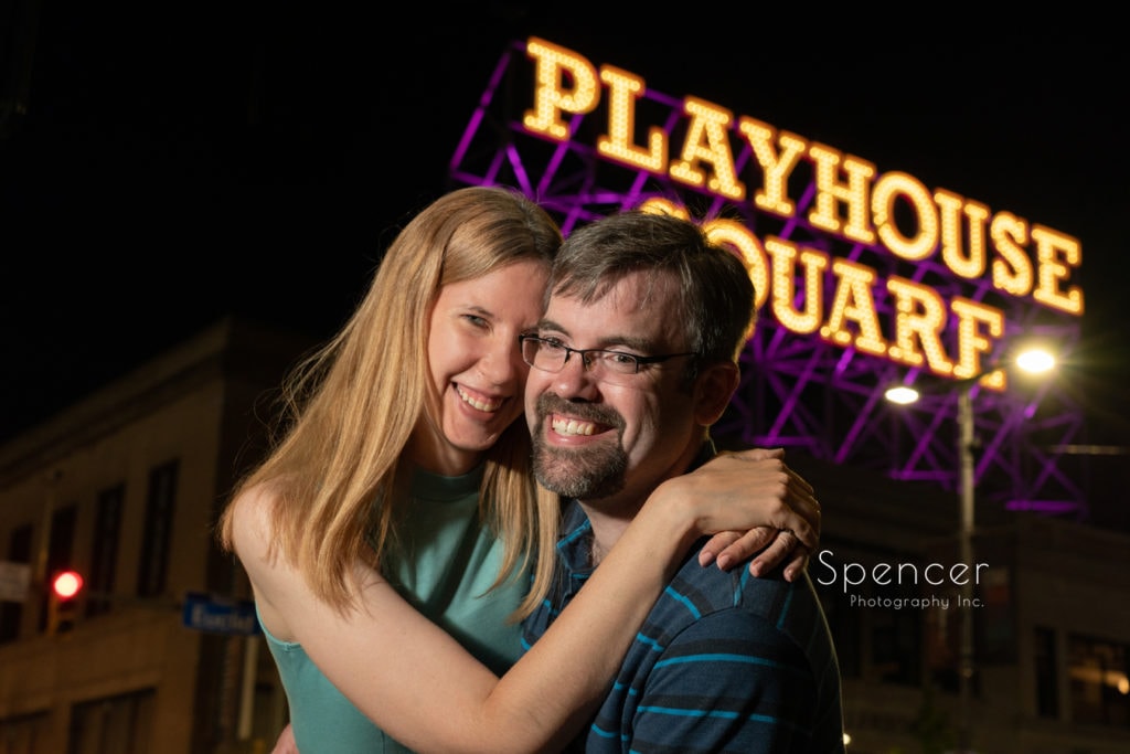 engagement photography in front of Cleveland Playhouse Square sign