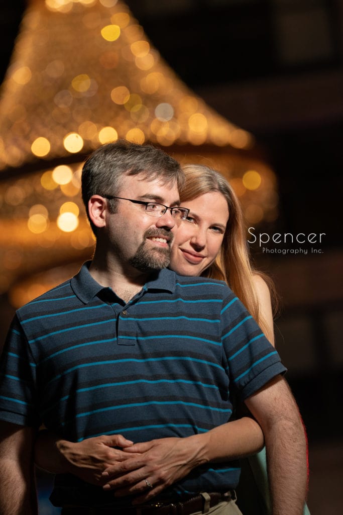 engagement photography in front of Playhouse Square Chandelier