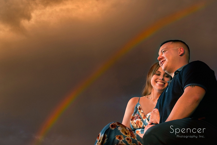 engagement picture in Cleveland with a rainbow