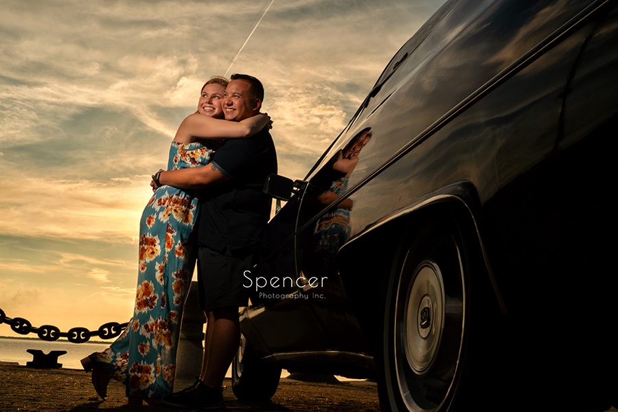 engagement picture in Cleveland with vintage car