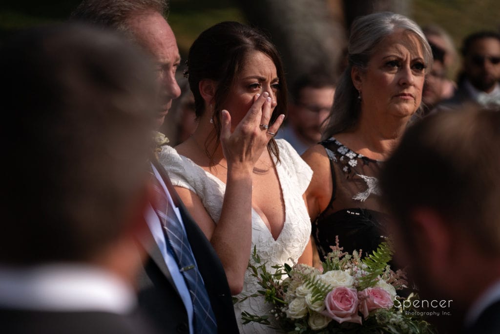 bride crying at her Patterson Fruit Farm wedding