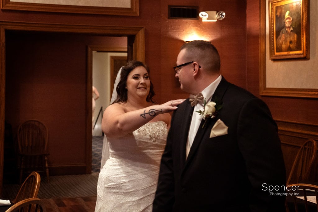 bride greeting groom during first look at Prestwick