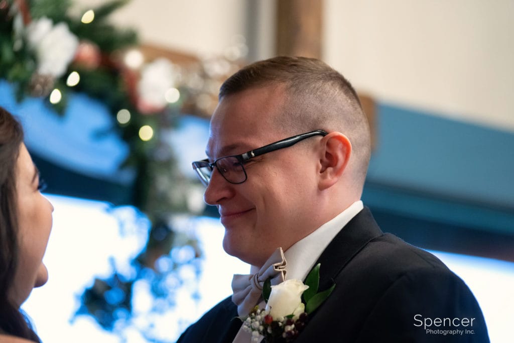 groom smiling at bride at Prestwick wedding