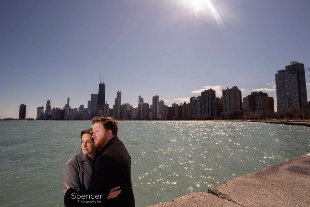 engagement picture in front of Chicago skyline