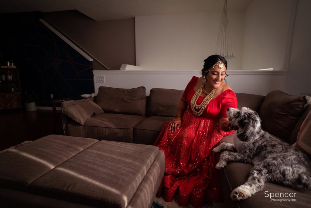 Sikh bride petting dog on her wedding day