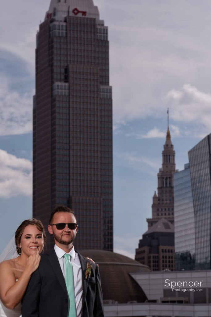 simple wedding picture in front of downtown Cleveland