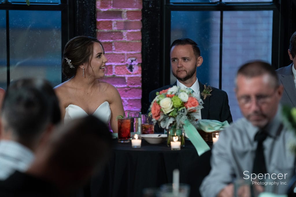 bride and groom at wedding reception at Great Lakes Brewing