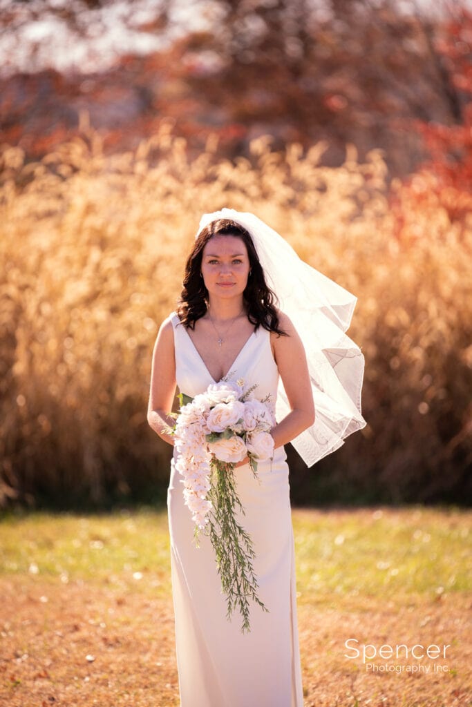 wedding picture of bride at fall wedding at White Timbers