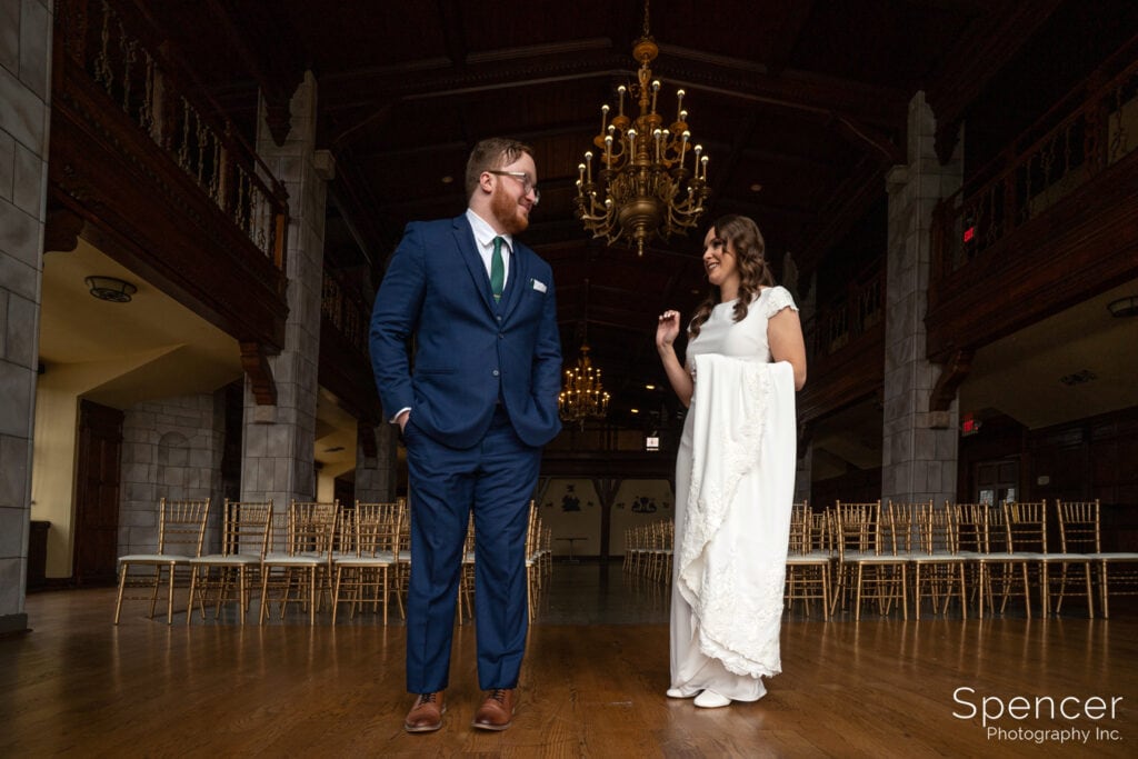 groom seeing bride during first look at Tudor arms