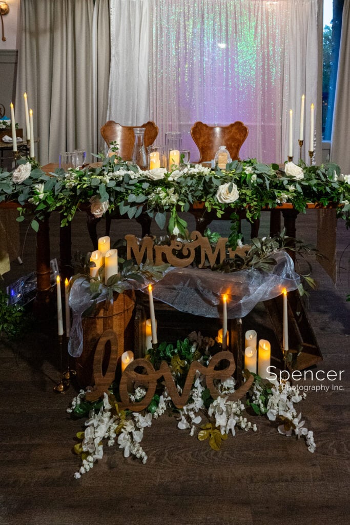 head table at wedding reception at Landolls