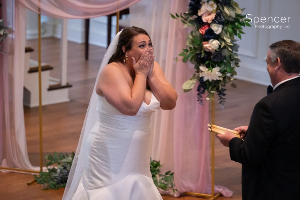 bride reacting to groom at Federated Church Chagrin Falls
