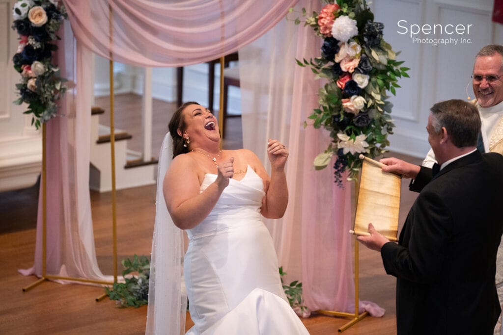 bride laughing at wedding ceremony at Federated Church