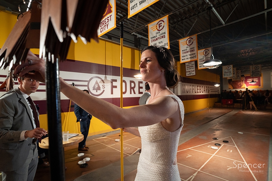 bride at her wedding reception at Forest City Shuffleboard in Cleveland