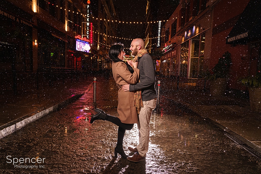 winter engagement pics in downtown Cleveland