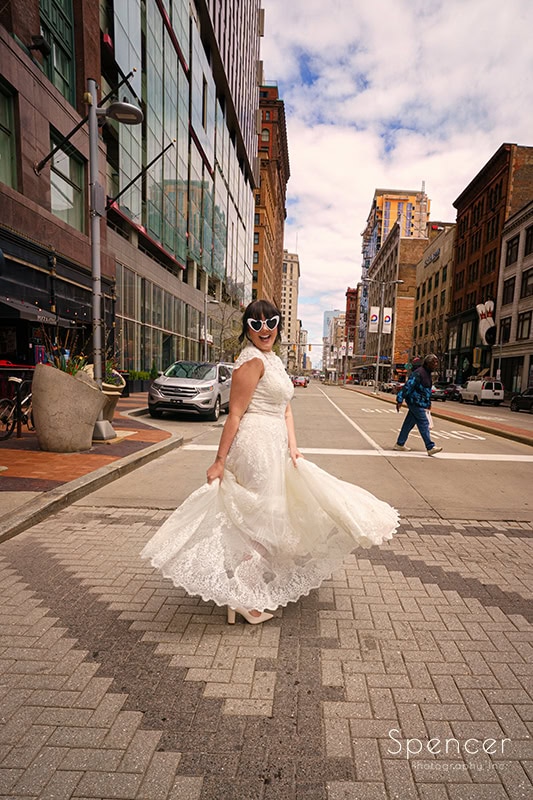 bride crossing street in Cleveland
